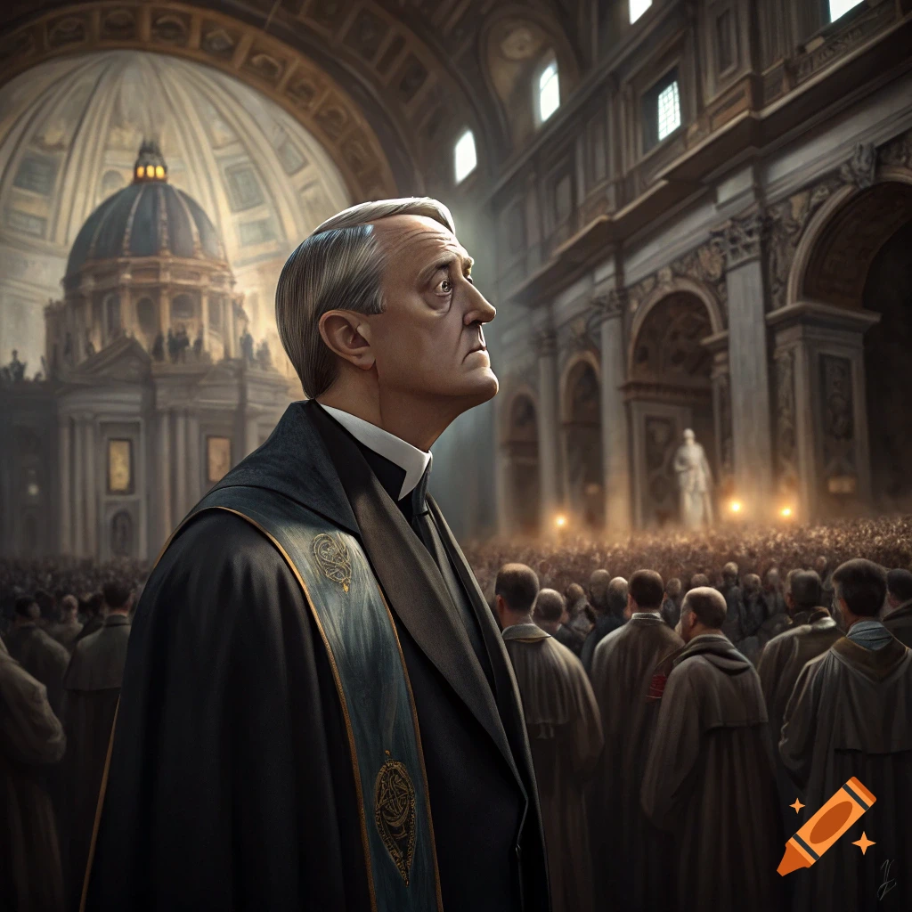 Man in religious robe looks up inside a large church with a crowd, photorealistic.