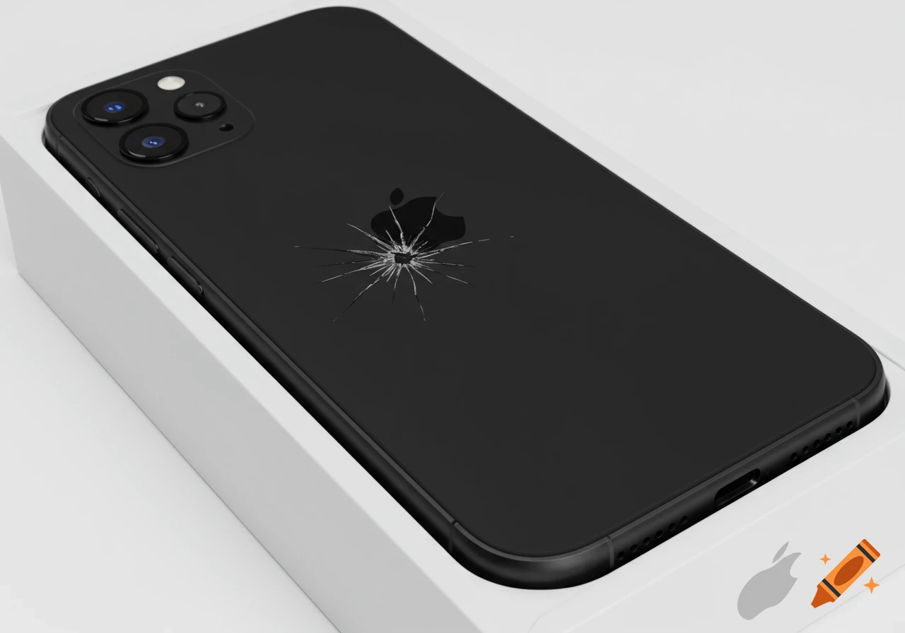 A black iPhone with a crack around the Apple logo on its back, resting in a white box.