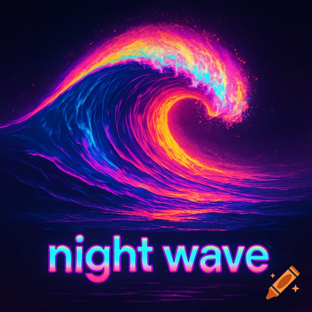 A vibrant, neon-colored wave is shown against a dark background with the text 'night wave' below.
