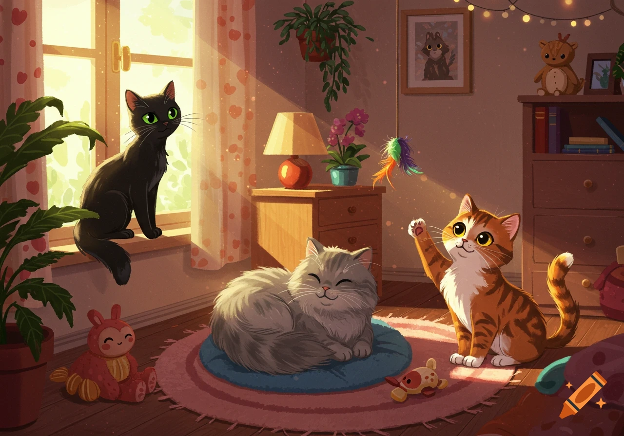Three cats, one black, one gray, and one tabby, playing and resting in a sunny room.