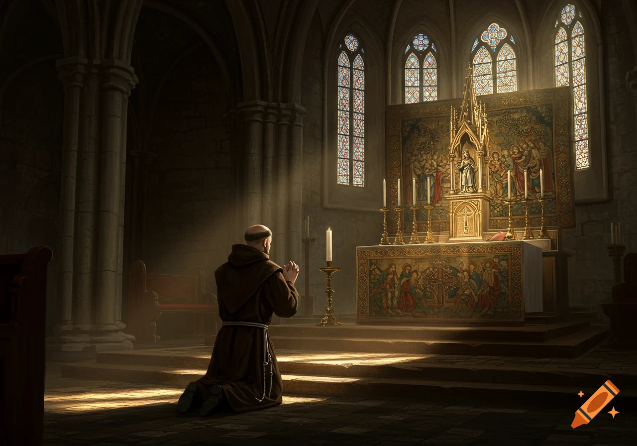 A medieval Catholic friar kneels and prays in a sunlit church.