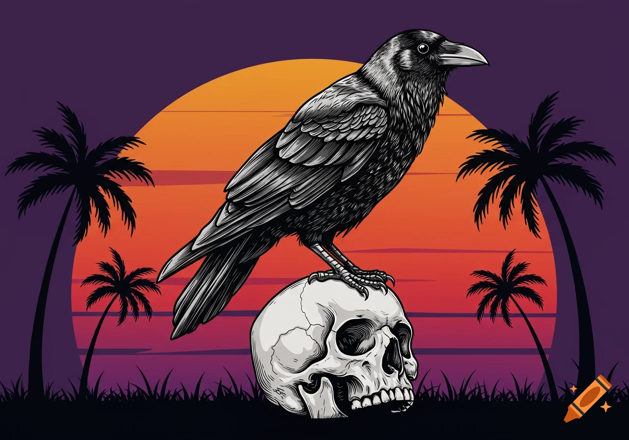A vector graphic of a crow perched on a skull at sunset with palm trees.