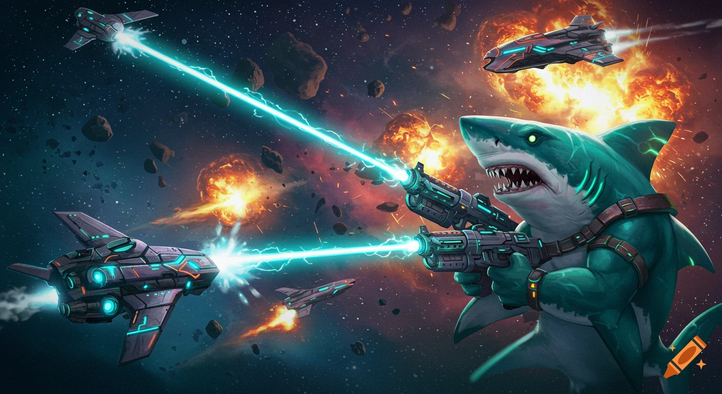 A bipedal shark with laser rifles fighting spaceships in space amidst explosions.
