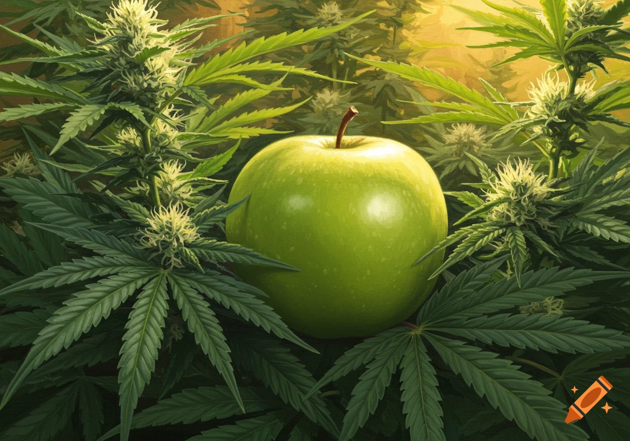 A green apple nestled among cannabis plants.