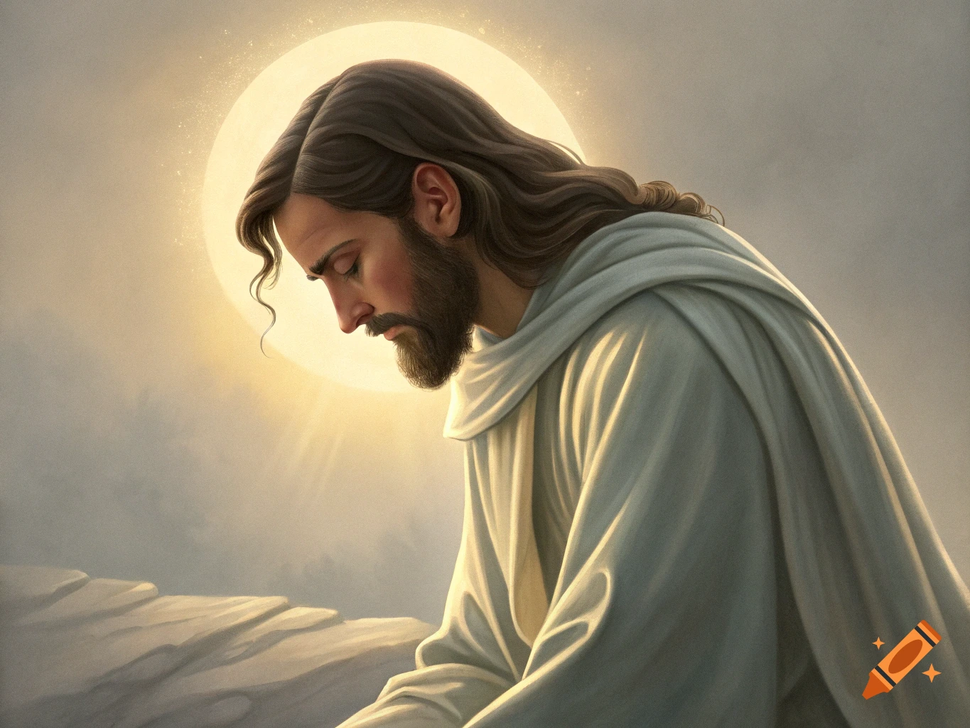 Realistic painting of Jesus looking down, with a halo behind his head
