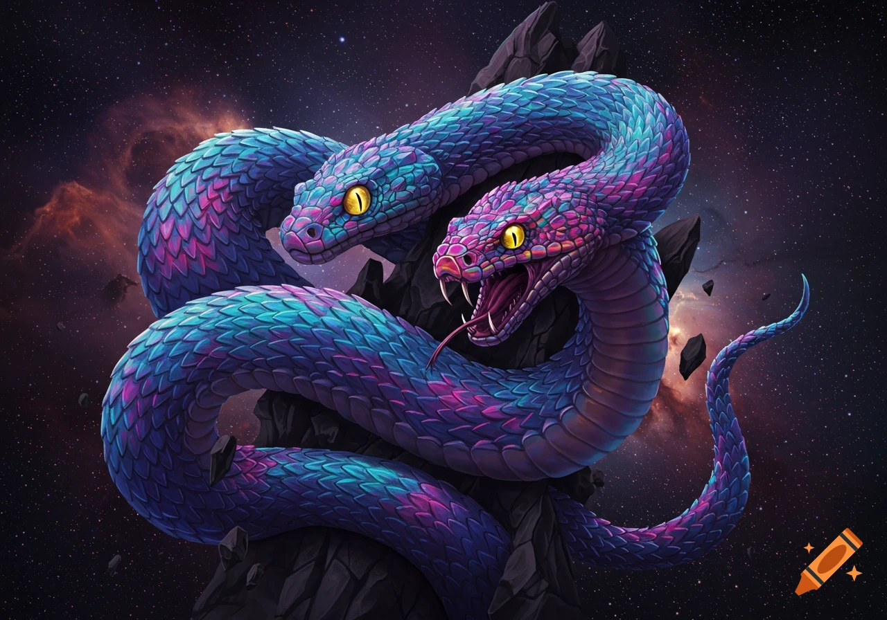 Two brightly colored mutant snakes against a starry space background, digital art.