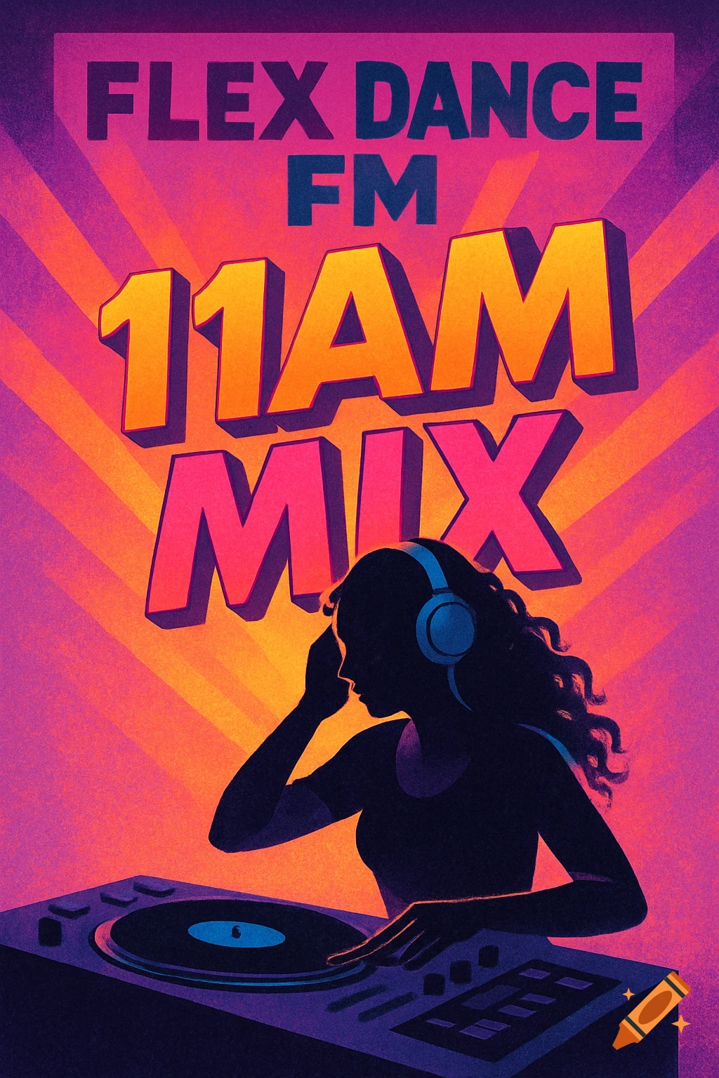 Graphic poster of a DJ mixing music with bold text 'FLEX DANCE FM 11AM MIX' on a vibrant background.