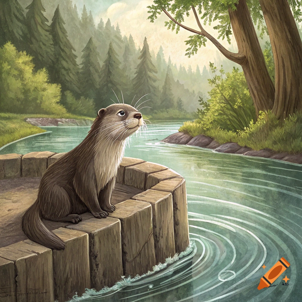 An otter sits on a wooden dam by a river in a forest, illustration.
