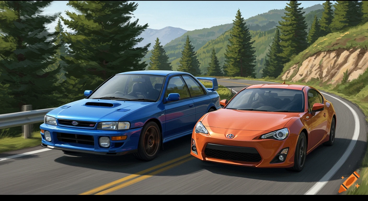 A blue Subaru WRX STI and an orange Toyota 86 driving on a mountain road.