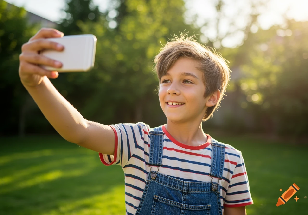 A young boy in overalls taking a selfie outdoors in the sunlight, photorealistic.