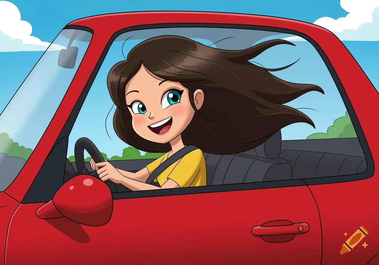 Cartoon of a young girl driving a red convertible with brown hair blowing in the wind.