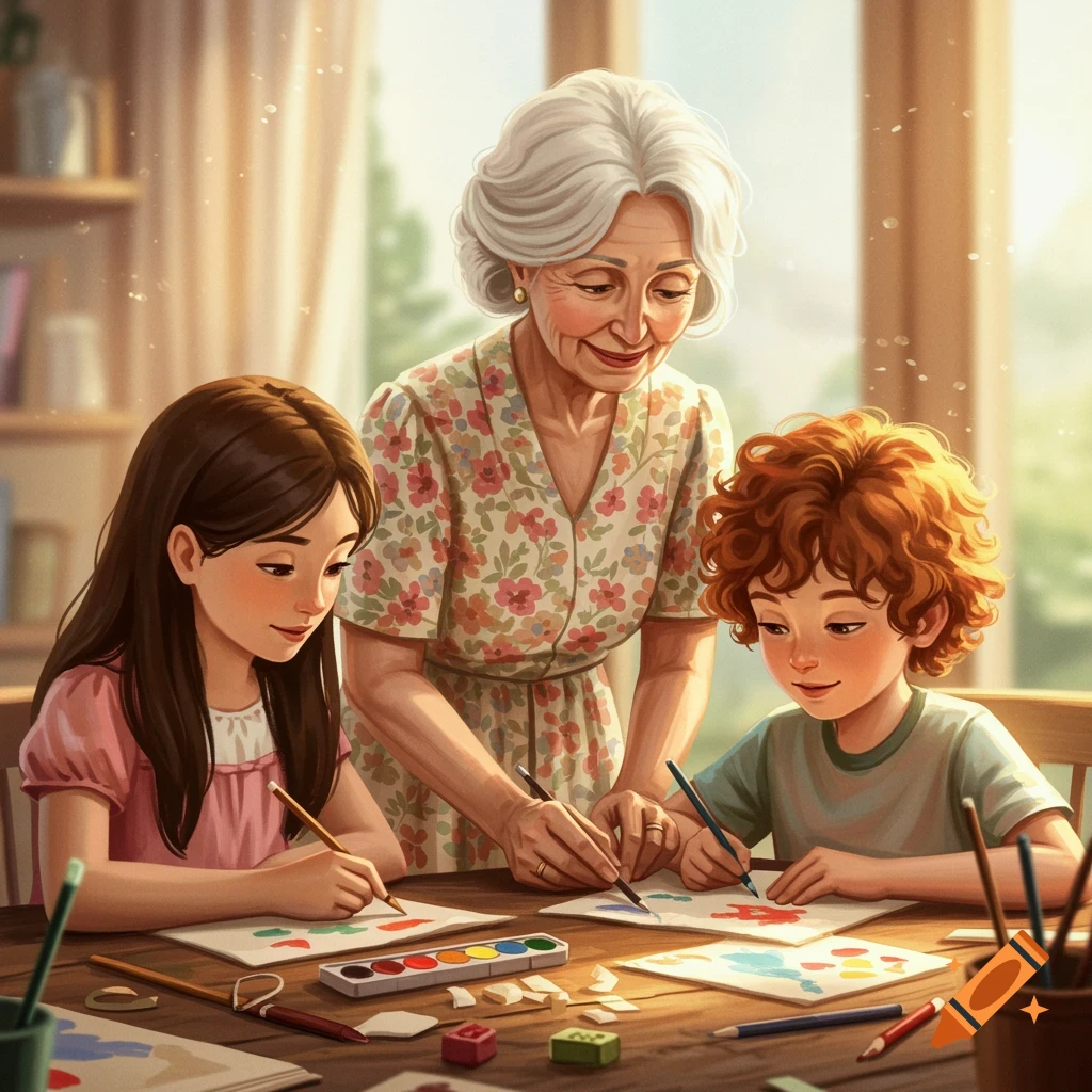 A grandmother helping two children paint at a table.