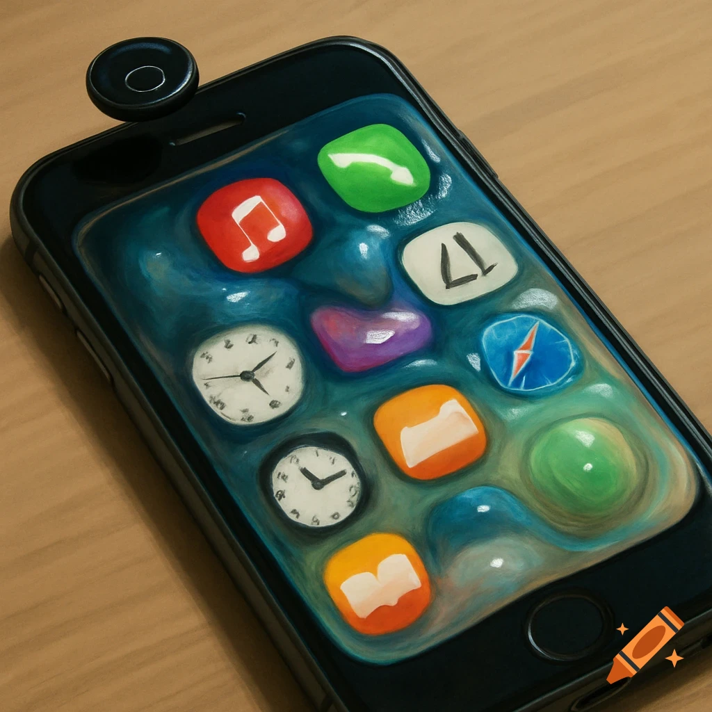 A phone with a melting, bubbly screen and distorted app icons. The home button is floating above the top corner.
