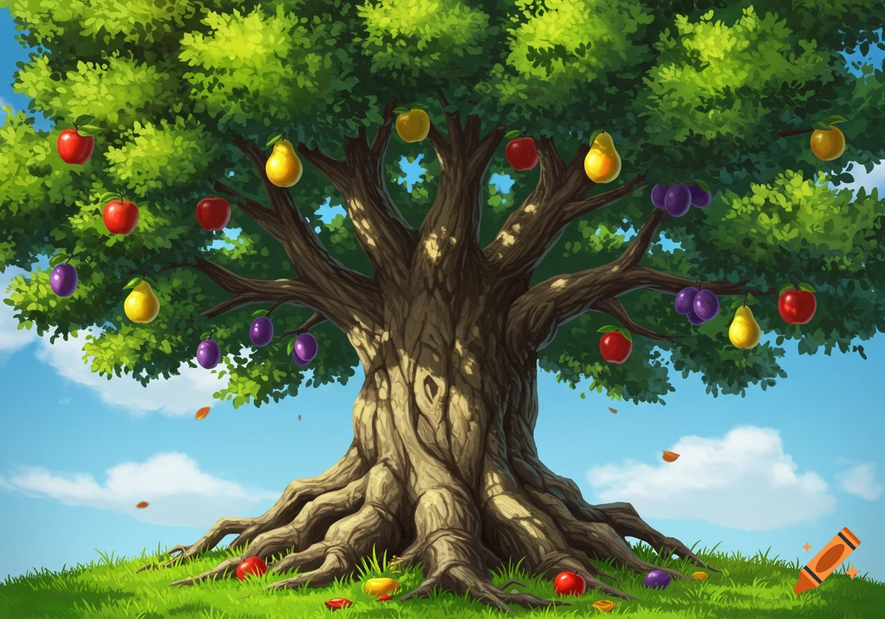 A large tree bearing colorful apples, pears, and plums against a blue sky.