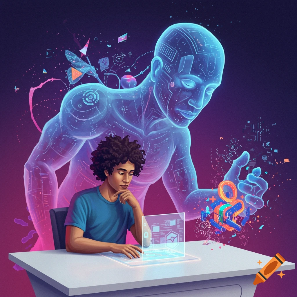 Image of a person working on a transparent laptop with a large digital human figure behind them.
