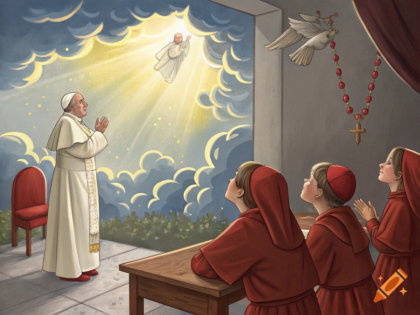 Illustration of Pope Francis being called to heaven while people watch, with a dove and rosary.