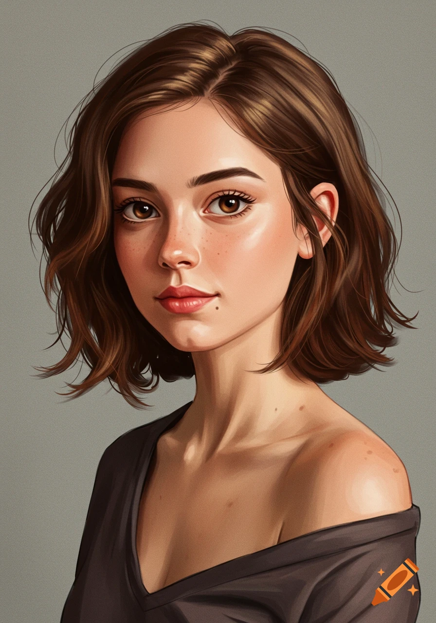 A portrait of a young woman with short brown hair and brown eyes, wearing a black top.