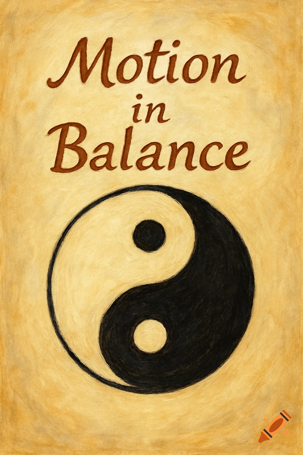 Text 'Motion in Balance' above a painted Yin and Yang symbol on a textured background.