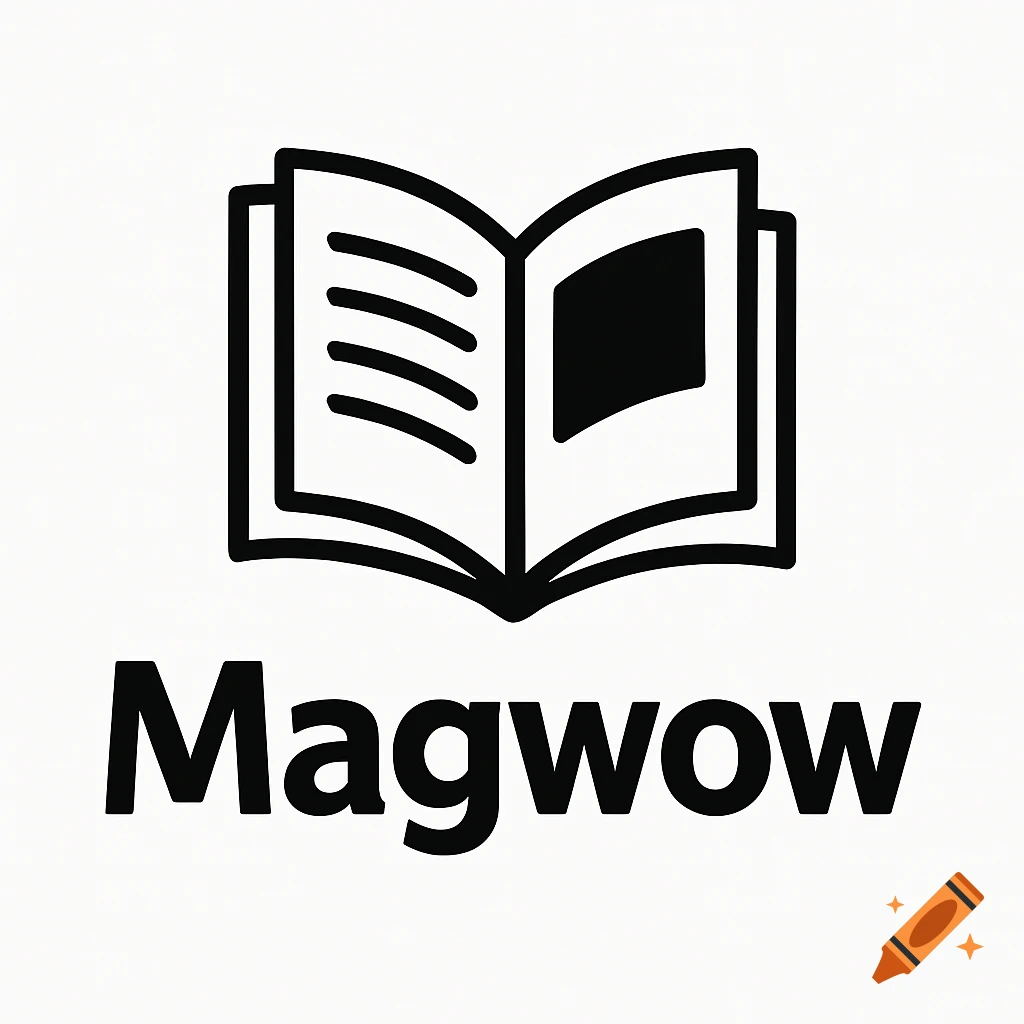 Black logo icon of an open book above the text Magwow.