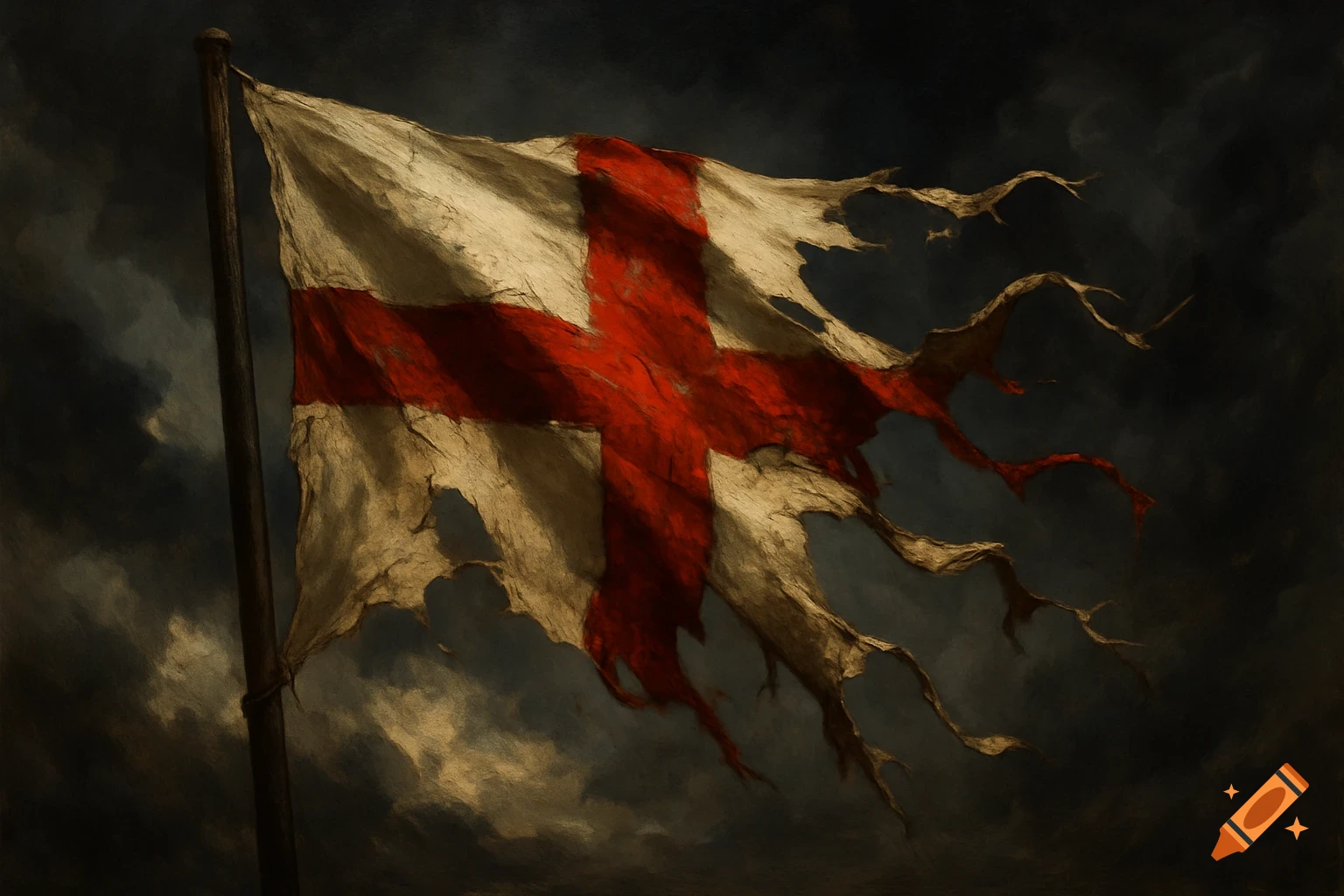 A torn English flag flies against a stormy sky.