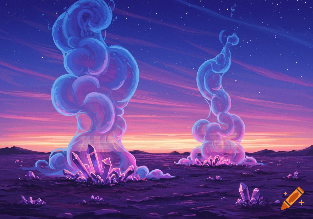 A surreal landscape with glowing pink and blue crystals and transparent smoke rising under a starry twilight sky.