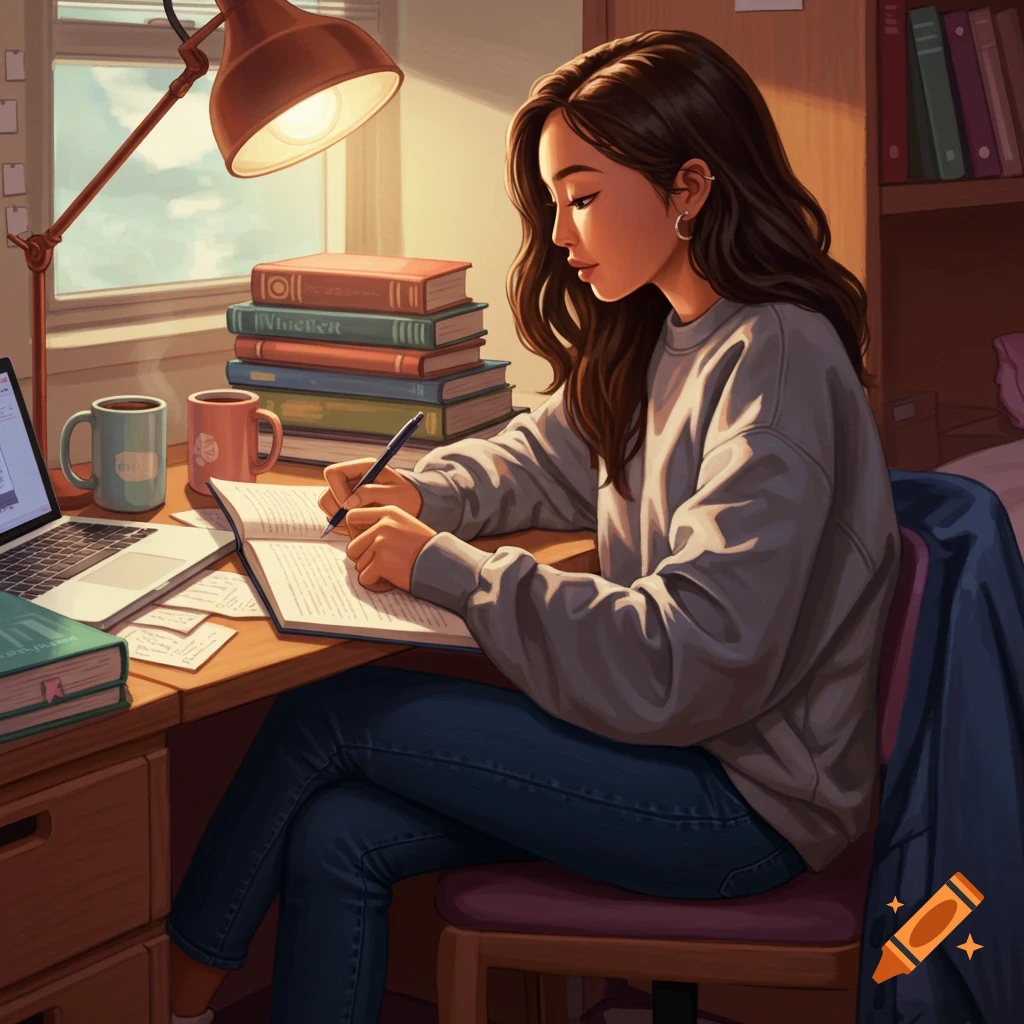 A college girl studying at a desk with books, a lamp, and a laptop.