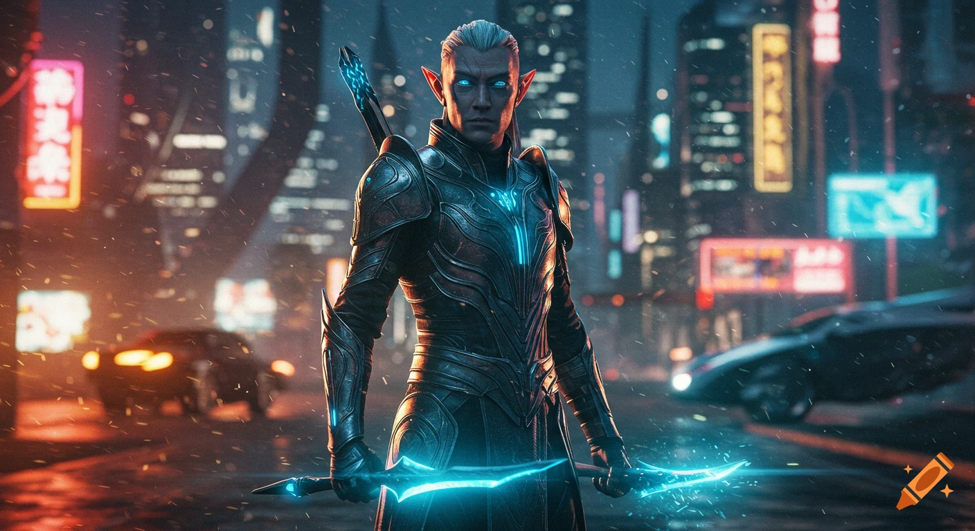 Scifi elf in futuristic city street holds glowing sword and bow, cinematic photo
