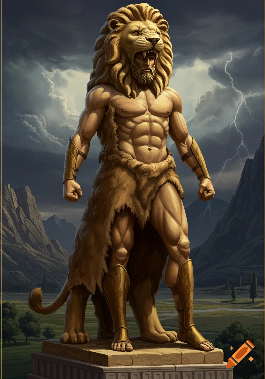 A statue of Heracles wearing a lion skin stands against a stormy sky