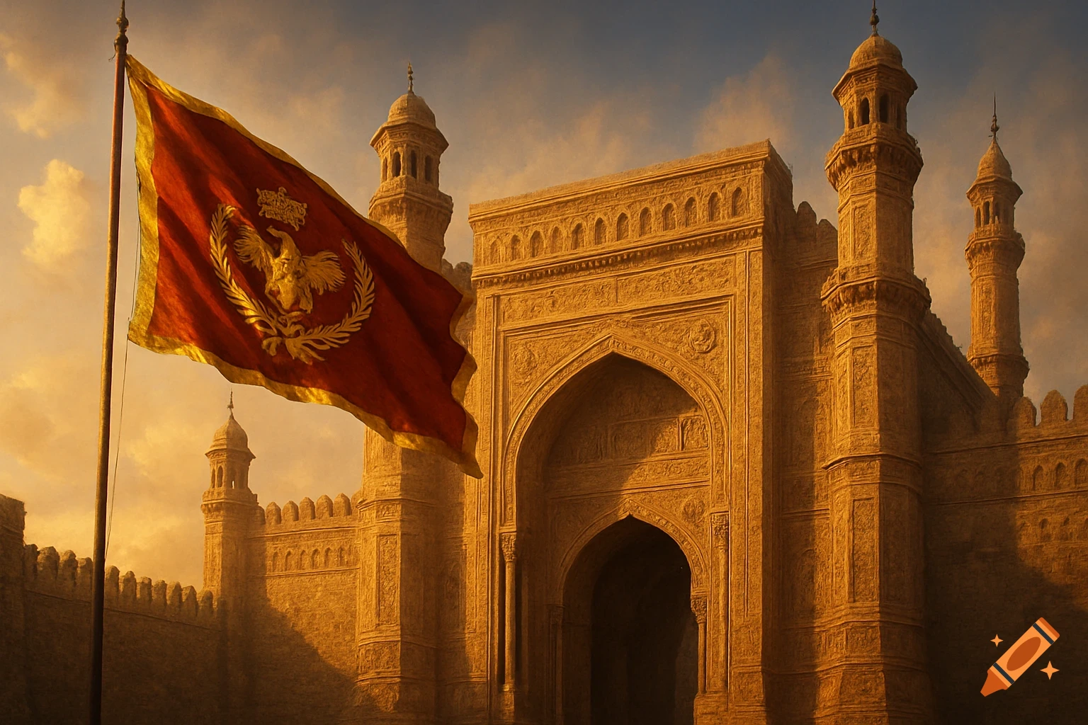A red and gold royal flag with an eagle crest waves in front of an intricately carved stone fortress gate at sunset.