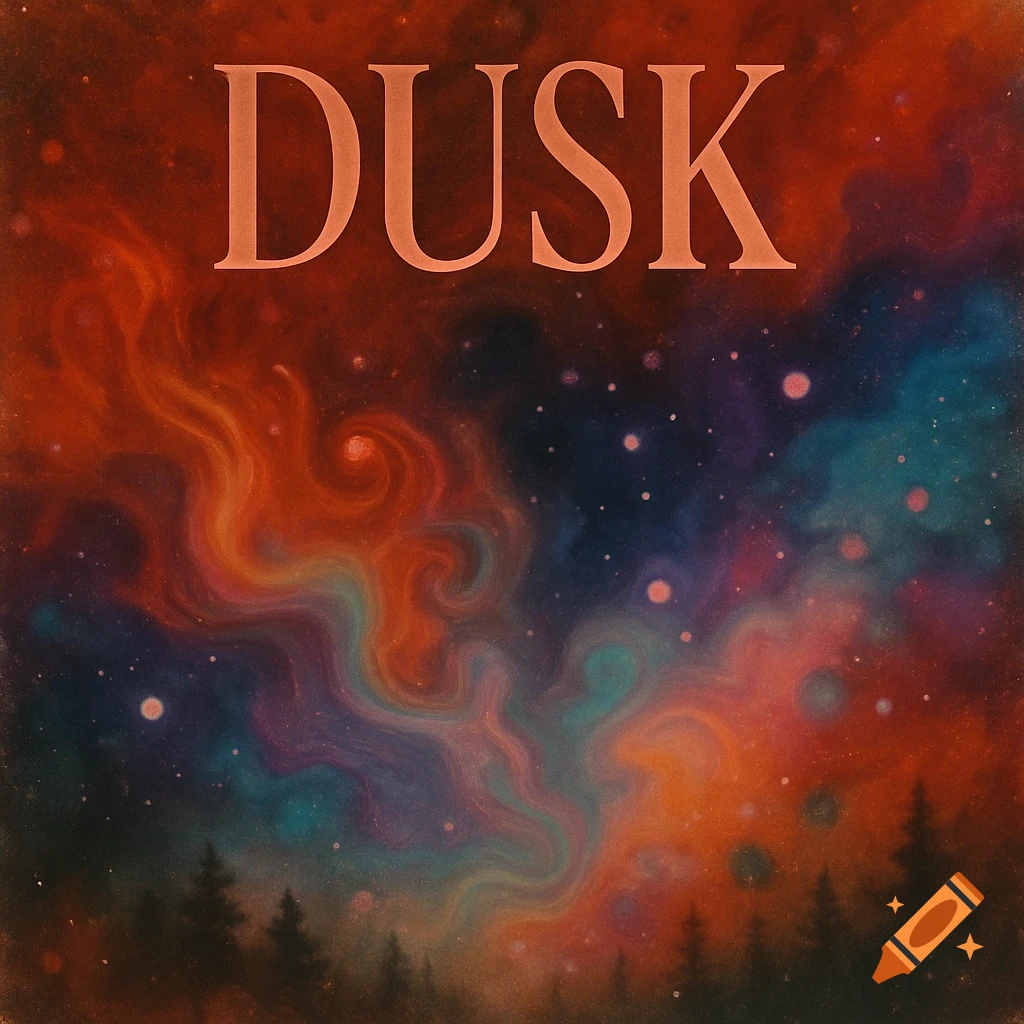 A swirling galaxy with text DUSK and pine trees.