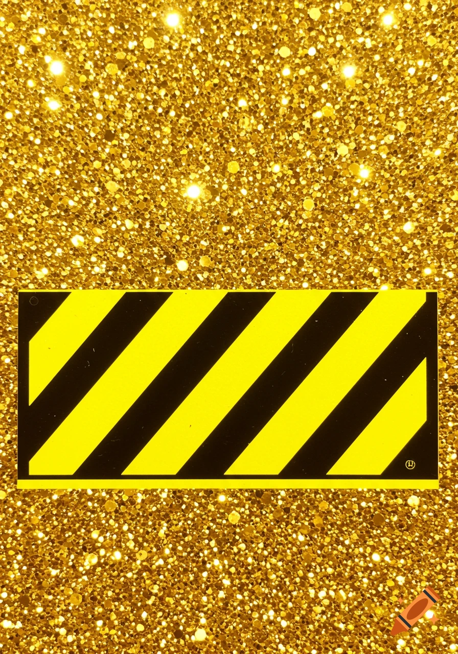 A rectangle with yellow and black diagonal stripes over a gold glitter background.