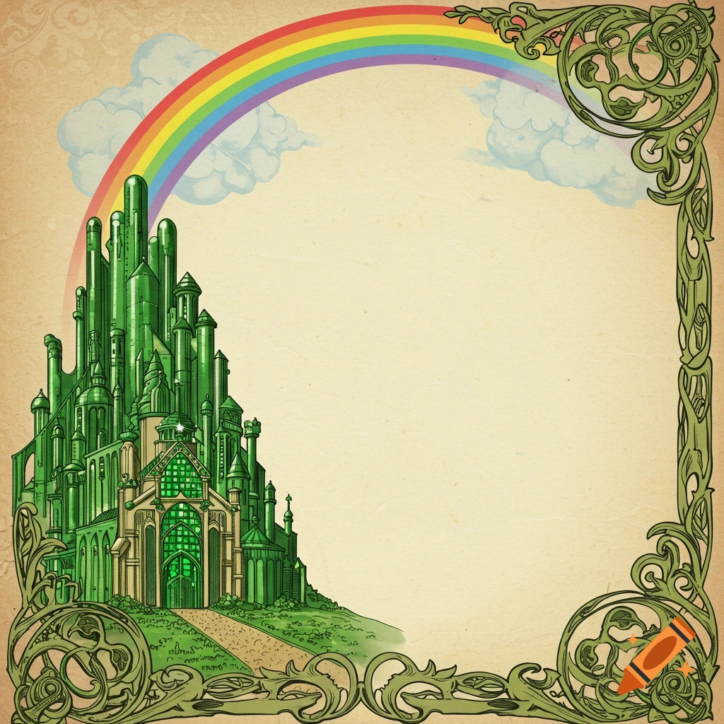 Illustration of the green City of Oz under a rainbow, with a decorative border.