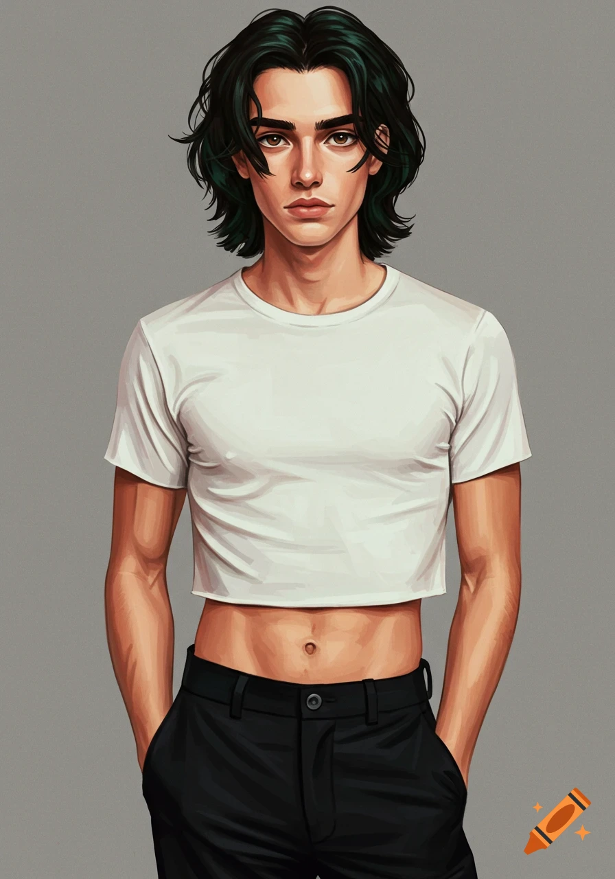 A young man in a white crop top and black pants, standing with hands in pockets.