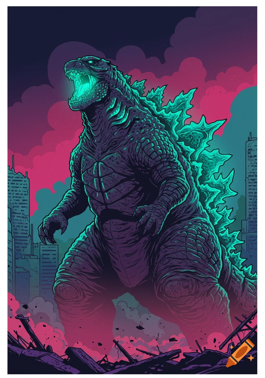 Godzilla roars over a ruined city in a stylized artwork.