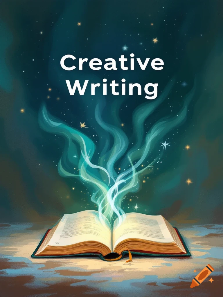 An open book glows under a starry sky with the words Creative Writing above it.