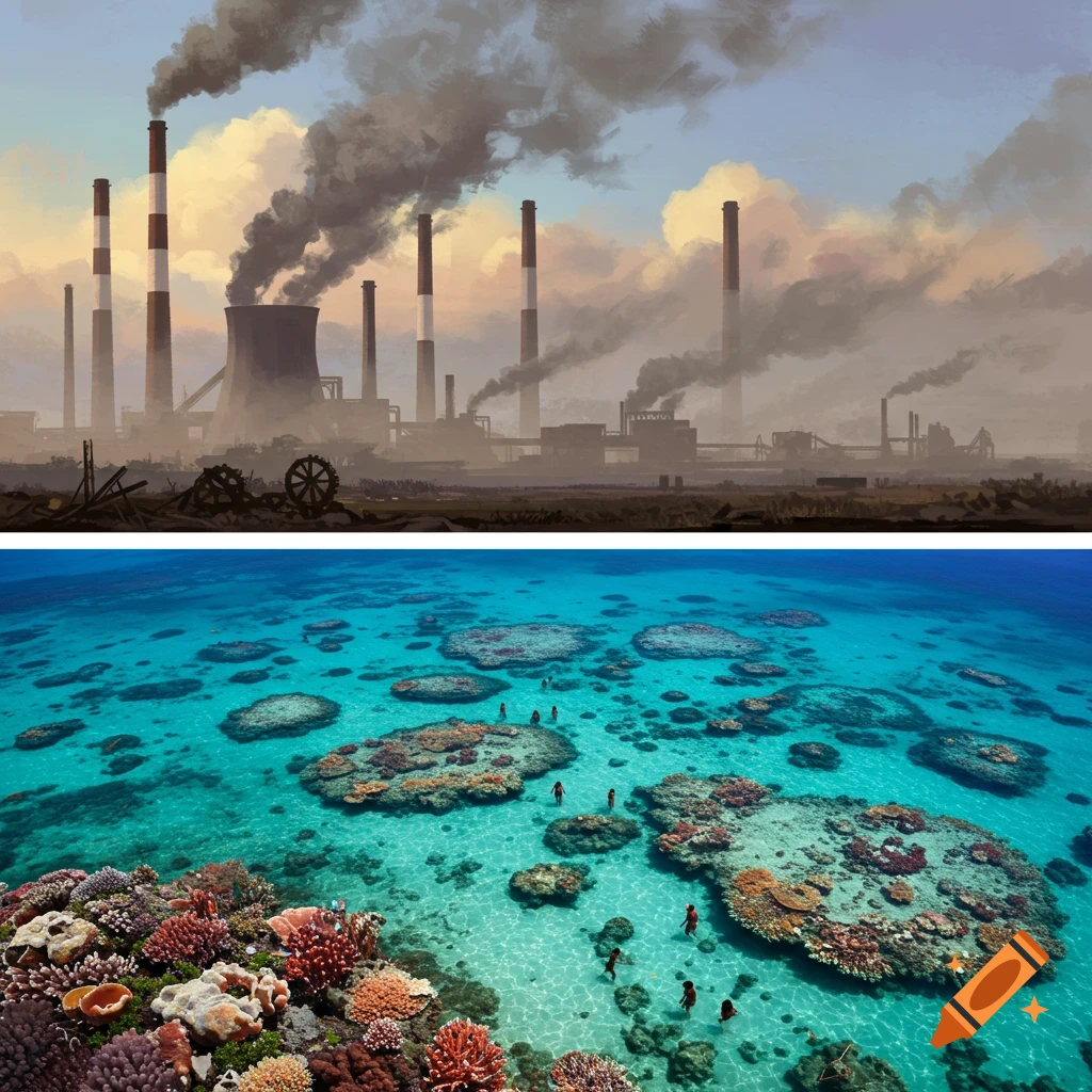 Painting showing factory pollution from chimneys above a clear tropical ocean with coral reefs and people swimming.