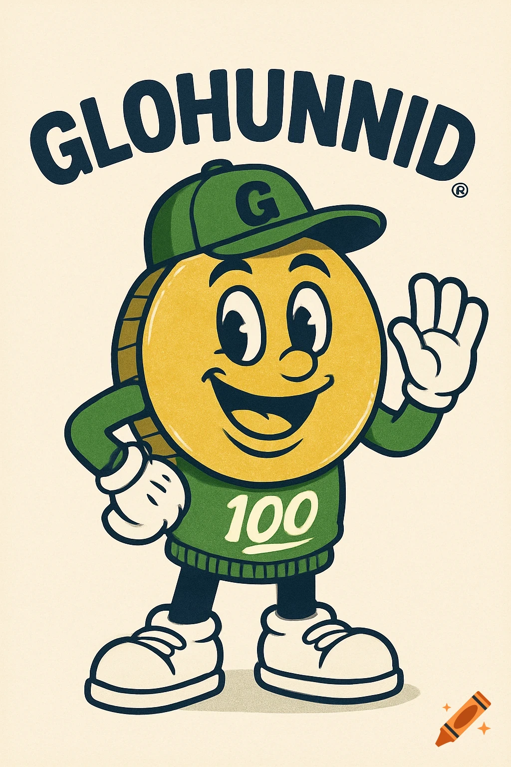 Cartoon mascot of a coin wearing a green cap and sweater, waving.