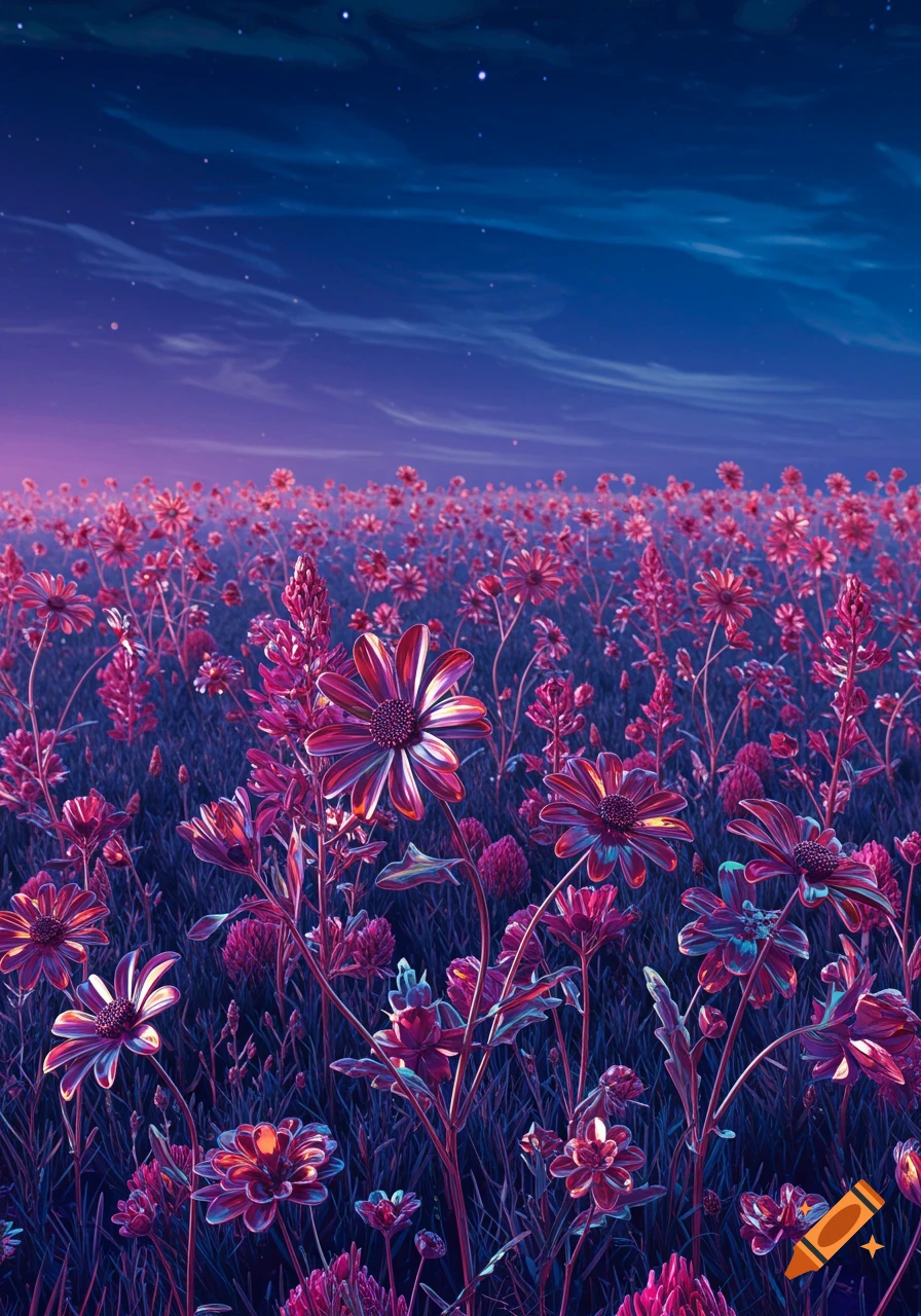 A field of stylized metallic wildflowers under a twilight sky.