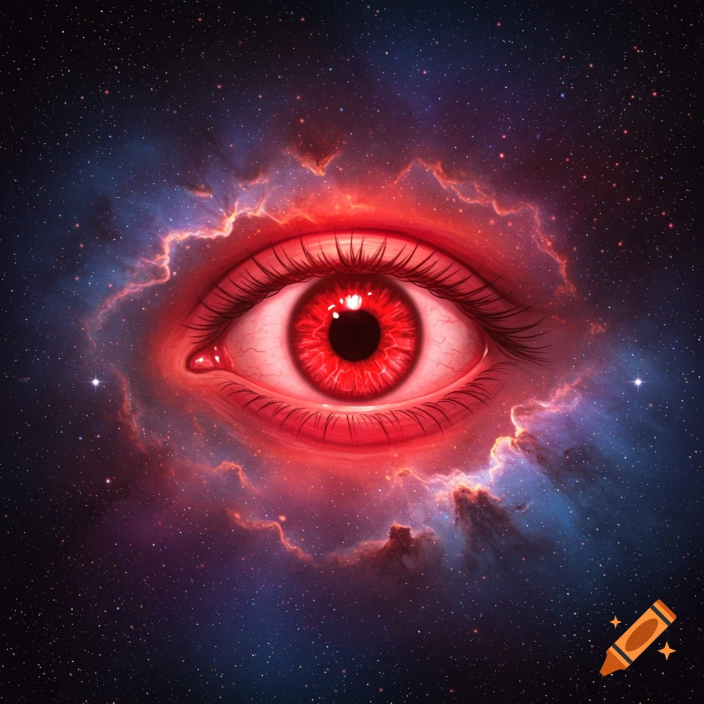 A red eye glowing in space surrounded by colorful nebulas and stars.