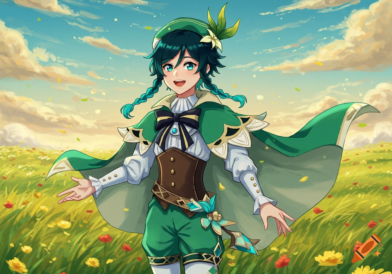 Anime character Venti from Genshin Impact stands in a field of flowers.