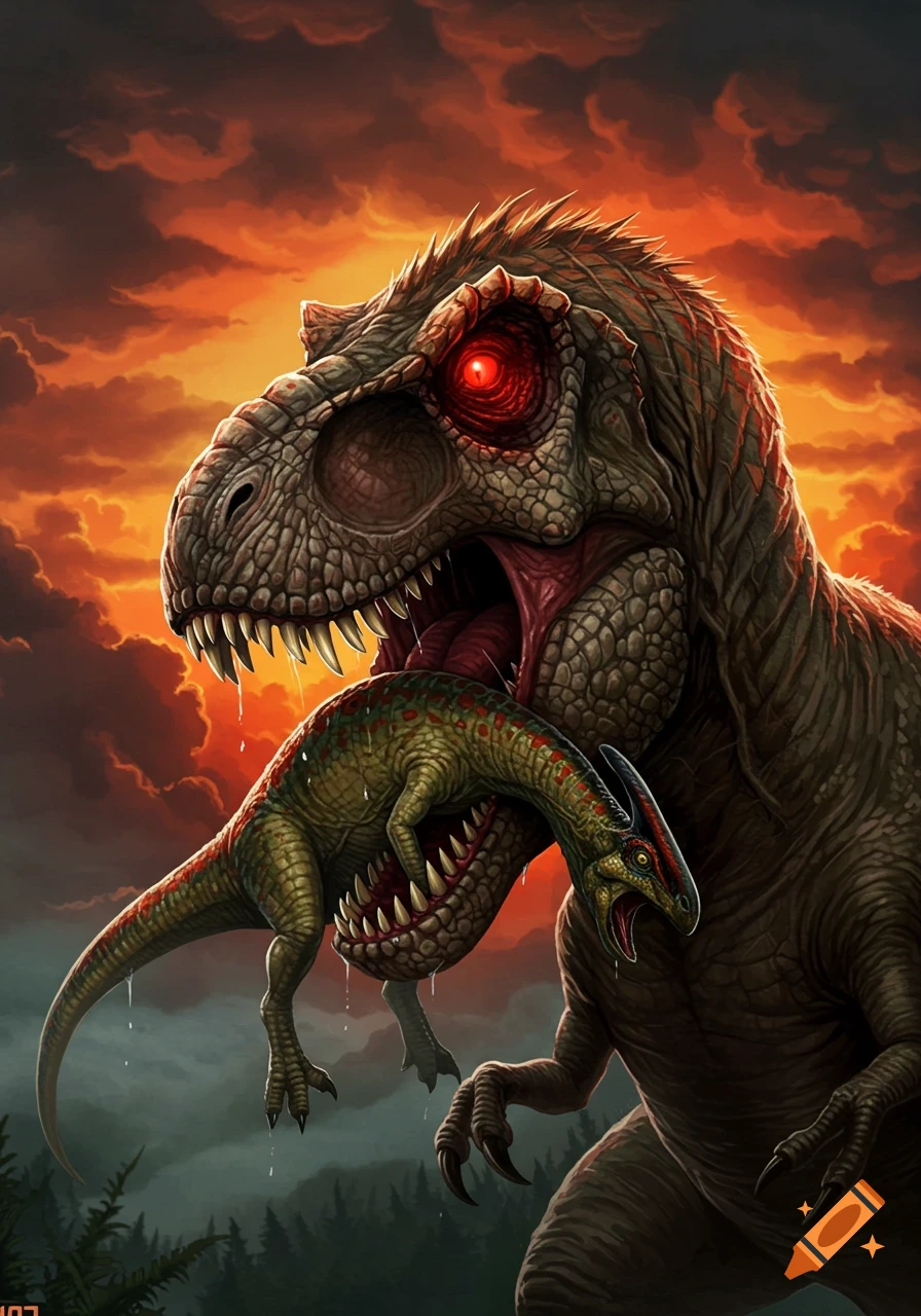 A large dinosaur with red eyes is eating a smaller dinosaur against an orange sunset sky.