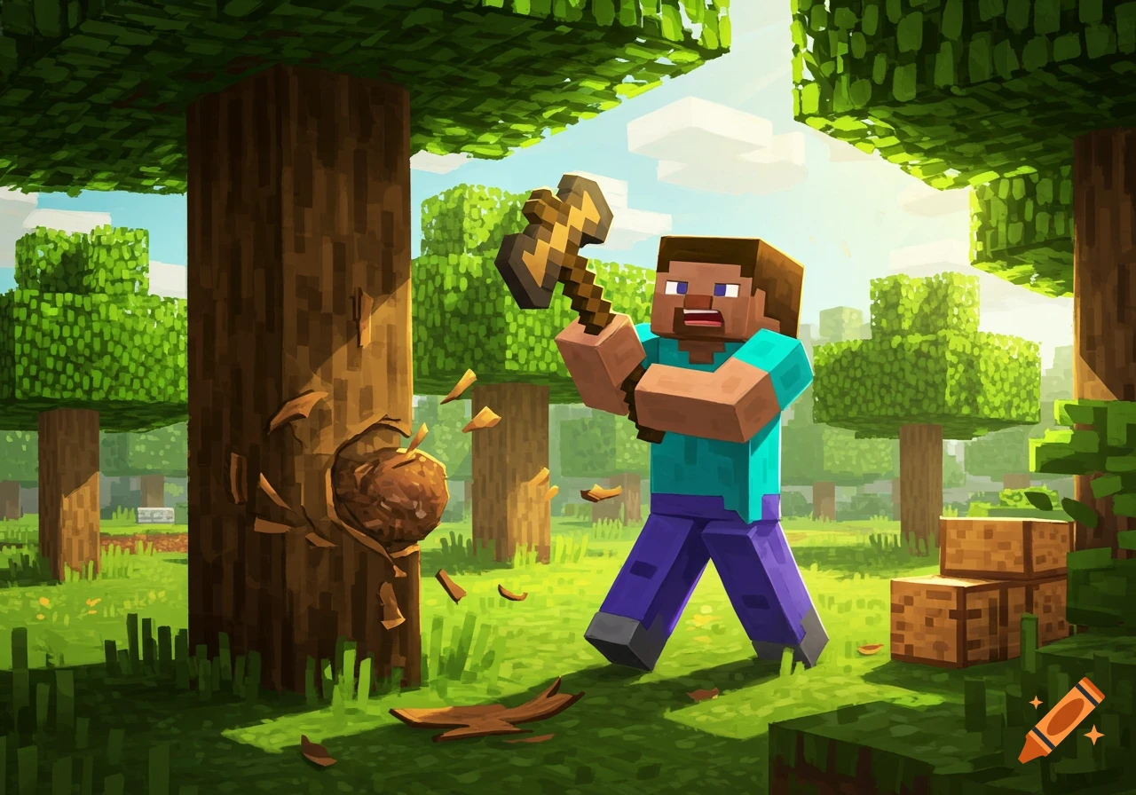 A Minecraft character, Steve, chopping wood in a forest, digital art.