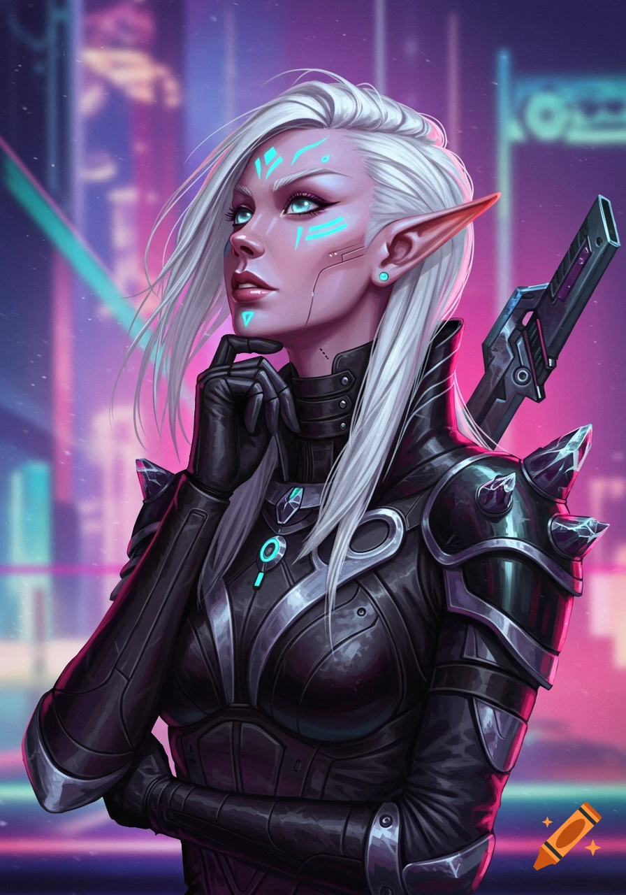 A sci-fi elf character with white hair and glowing blue cybernetic markings in futuristic armor.