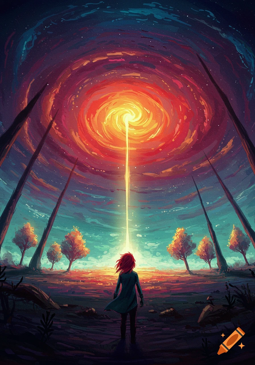 A person stands looking at a vibrant, swirling light in a dramatic sky above a stylized landscape with trees.