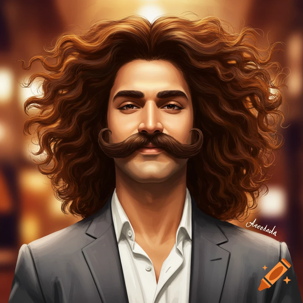 A man with a large curly mustache and long hair wearing a suit.