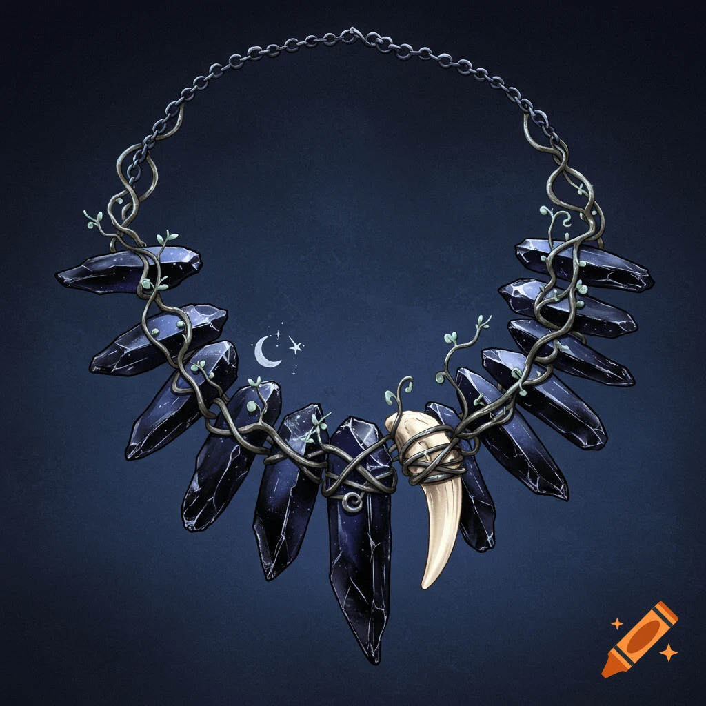 A necklace with obsidian shards, moon-kissed vine, a fang, and a moon and stars.