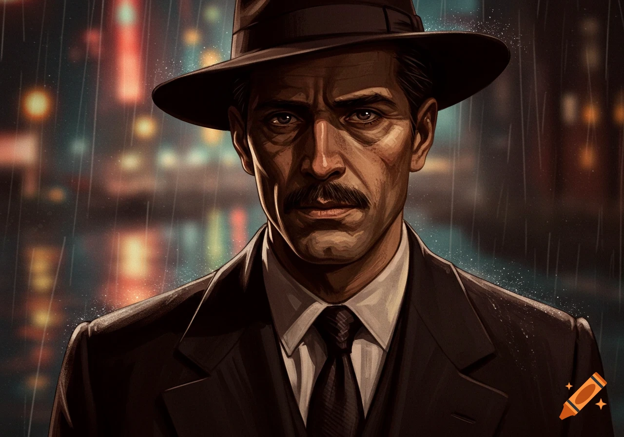 A man in a hat and suit with a mustache in the rain at night.