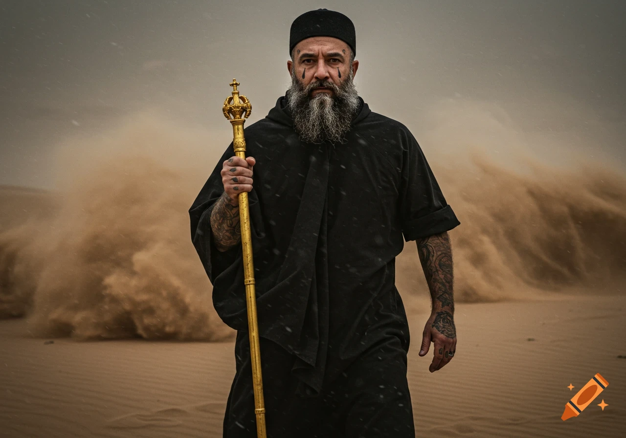 Man in black robe with beard and tattoos holding a golden staff in a desert sandstorm.