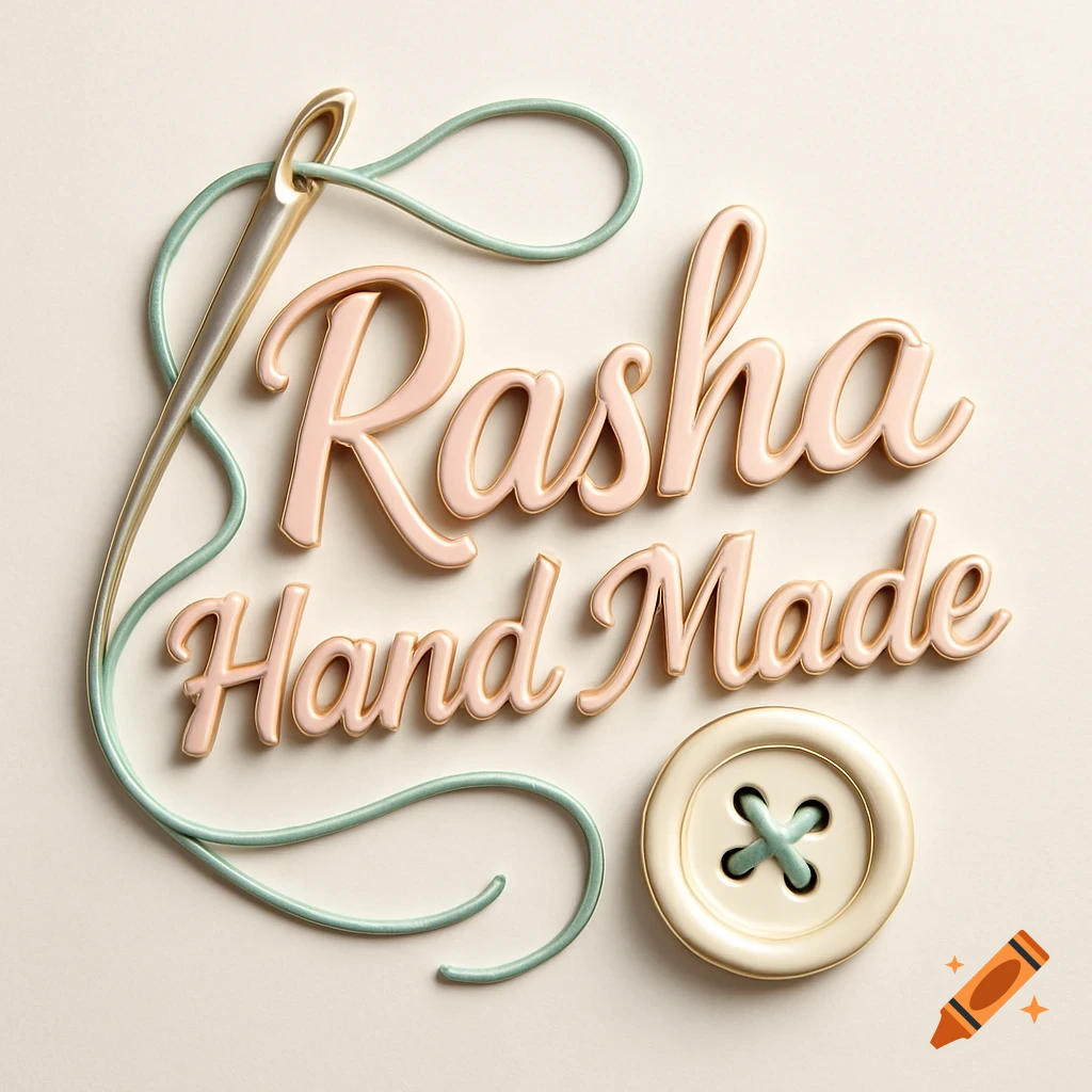 3D rendered logo with pink text 'Rasha Hand Made', a gold needle, mint thread, and an ivory button on a light background.