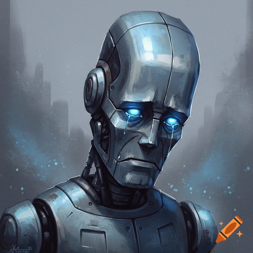 A close-up of a sad, metallic robot with glowing blue eyes and tears.